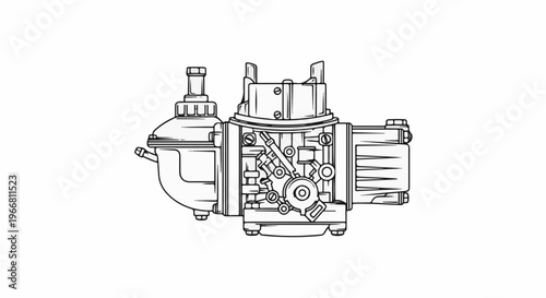 Detailed technical line drawing of a mechanical carburetor, front view