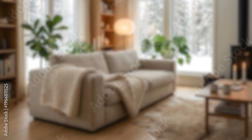 Cozy Beige Sofa Living Room with Soft Throw Blanket and Green Plants