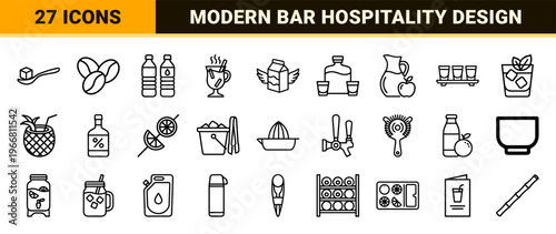 Beverage and Bar Service minimalist Monoline Outline Line Art for Modern Cafe Menus and Hospitality Digital Interfaces.