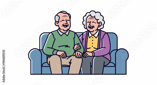 Elderly couple sitting on sofa, laughing together