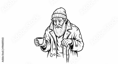 Elderly man with beard, hat, and cane holds a cup