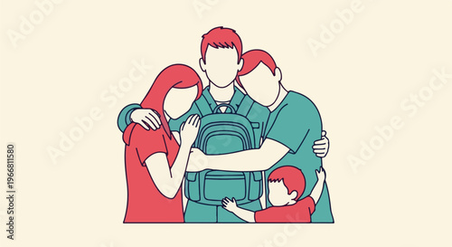 Family hugging a person with a backpack