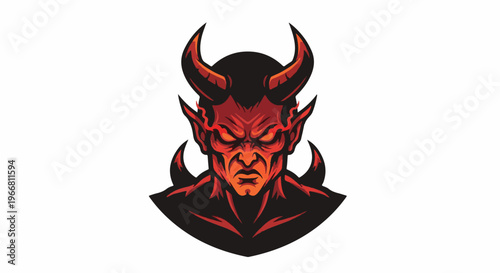 Fierce red-skinned demon head with sharp horns and fiery eyes