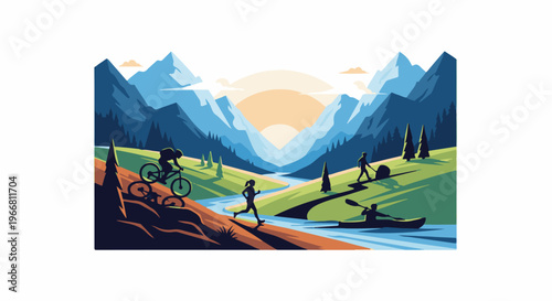 Mountain valley sunrise with people biking, running, hiking, and kayaking