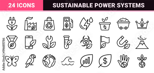 Sustainable Green Energy and Ecology Outline Symbols in Minimalist Monoline Geometric Line Art Style for Environmental Conservation