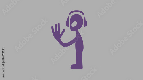Purple alien wearing headphones, waving, or gesturing. Extraterrestrial character enjoying sound or communicating digitally, science fiction illustration.