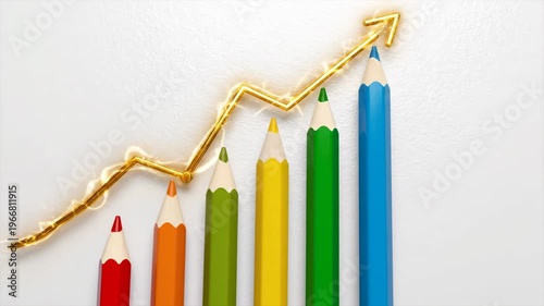 Colorful pencils forming an upward trend graph with golden glowing arrow on white background for business growth and creative success
