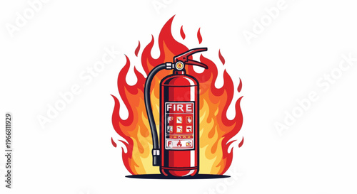 Red fire extinguisher surrounded by vibrant orange and yellow flames