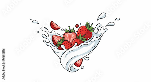 Ripe strawberries splashing into creamy white liquid with droplets
