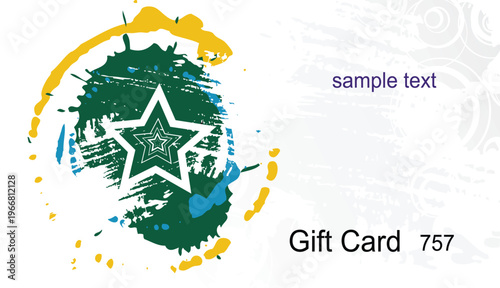 Gift card design with white stars on a green blue and yellow paint splash background and text sample text and gift card 757.