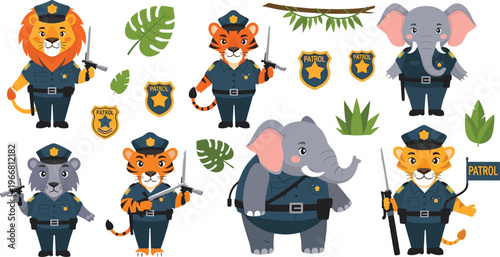 Cute animal police officer vector set with lion tiger elephant and bear characters patrol illustration isolated on white background