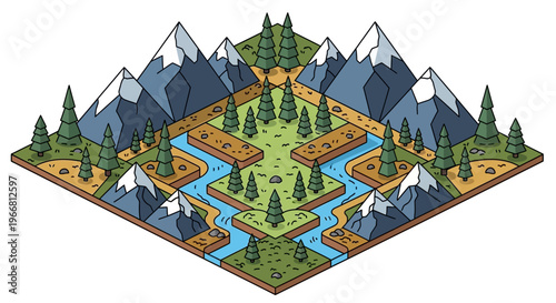 Isometric Landscape Illustration of Mountains River and Forest.
