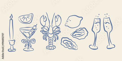 Foto Seafood and martini naive doodle icon set vector illustration