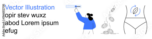 Financial growth, saving money, personal wealth, body wellness, self-care routines, healthy living. Woman reaching upward, illustrated coins falling and body diagram. Financial growth and body