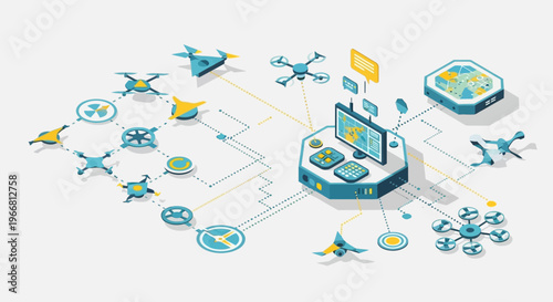 Drone Network System Control Center Technology Illustration.