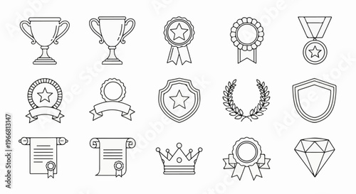 Collection of awards trophies, medals, crowns, diplomas, laurel wreath, shields