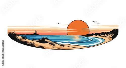 Coastal scene with a sunset, lighthouse, and gentle waves