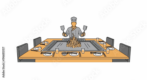 Chef prepares meal over a flaming grill at a communal dining table with place settings
