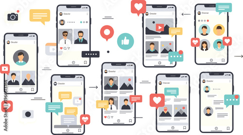 Social Media Interaction and Mobile Communication Icon Set with Chat Messages, Likes, Comments, User Profiles, and Digital Networking Elements.