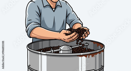 Hands holding roasted coffee beans above a roasting machine