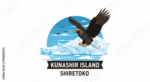 Majestic eagle soars over icy landscapes with distant birds