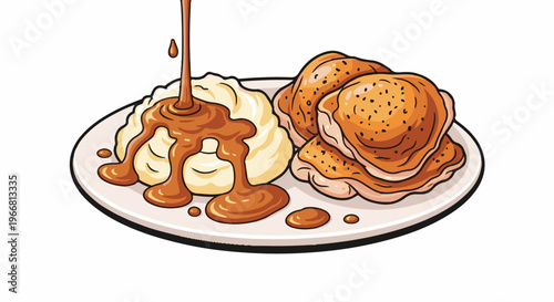Mashed potatoes and pancakes with gravy being poured over them
