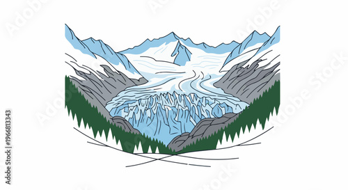 Majestic glacier flowing between rocky mountains and evergreen trees