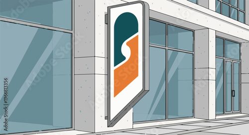 Modern building facade with large windows and hanging sign