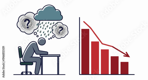 Person at desk with stormy thoughts sits beside a downward trending bar graph