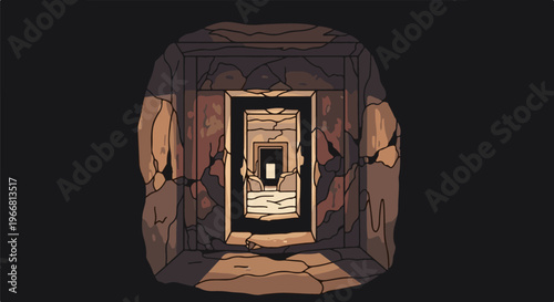 Pixel art of an ancient stone hallway with multiple receding doorways