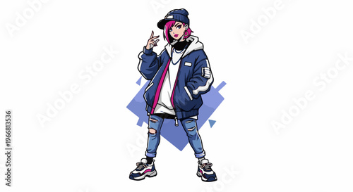 Pixelated anime girl in streetwear with bright pink hair, posing dynamically