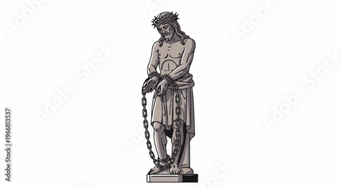 Pixelated statue of a chained, crowned figure on a pedestal