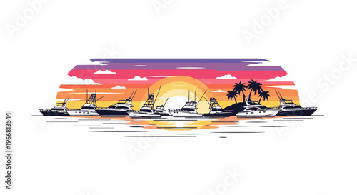 Pixelated yachts at sunset with palm trees on a tropical island
