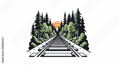 Railway track vanishing into a forest with a sunset