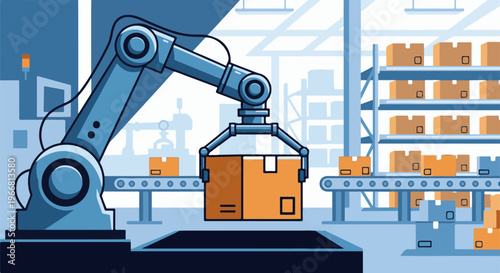 Robotic arm in a factory sorts and moves boxes on a conveyor belt