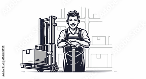 Smiling warehouse worker stands with a pallet jack beside a loaded forklift in a storage facility