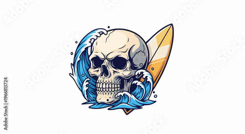 Skull and surfboard illustration with crashing ocean waves