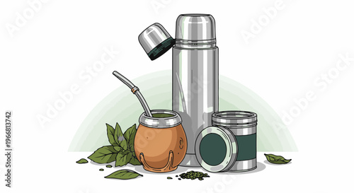 Still life of mate gourd, thermos, yerba leaves and tin