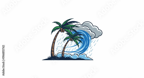Stormy weather with palm trees, heavy rain, and a large wave