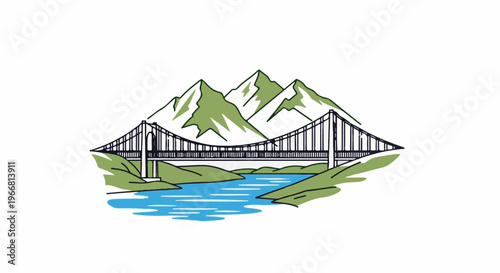 Suspension bridge spans a river with mountains in background