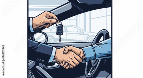 Two business people shaking hands inside a car, one holding keys