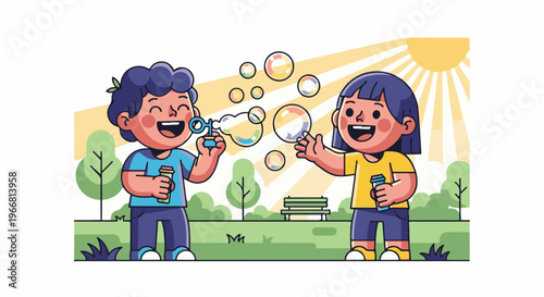 Two children joyfully blow bubbles in a sunlit park with trees and a bench