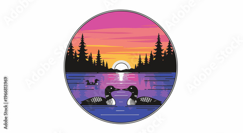 Two loons on a lake at sunset with a forest silhouette