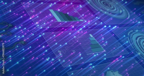 Slanted streaks forming, two UI panels revealing and triangular bars filling, showing data