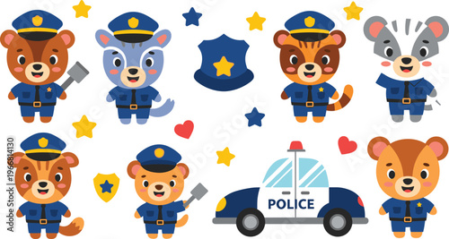 Cute police animal vector set with cartoon bear tiger mouse officers patrol car and badges illustration isolated on white background