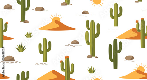 Desert cactus seamless pattern vector with dunes sun and arid landscape elements flat illustration isolated on white background