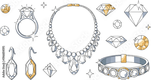 Diamond jewelry vector set with ring necklace earrings bracelet and sparkling gemstones luxury illustration isolated on white background