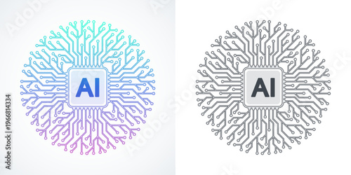 Modern handmade vector icon, sign, logo circuit line style in the Artificial intelligence concept. Set AI processor icon flat design. Motherboard digital chip AI.