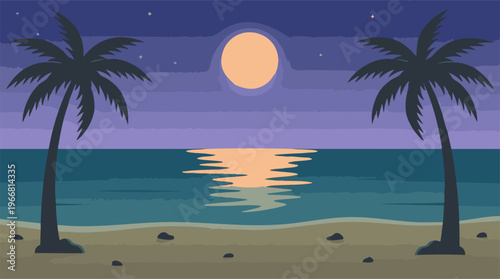 Tropical Beach at Night with Full Moon and Palm Trees Reflection
