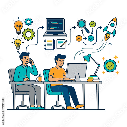 Two people brainstorm and work together on computers with ideas flowing